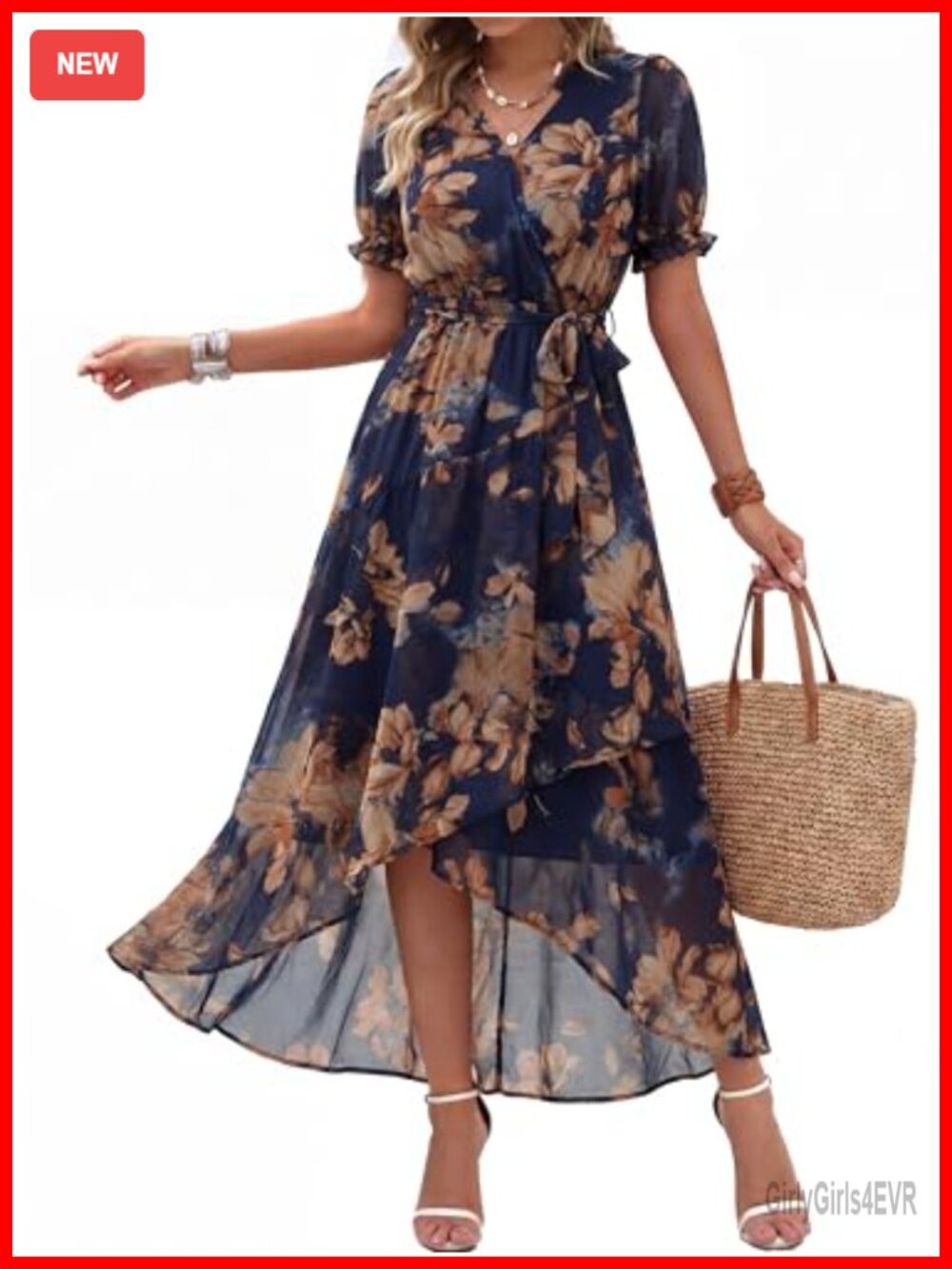 Simplee Women's Chiffon Floral Maxi Wrap Dress Puff Sleeve Wedding Guest